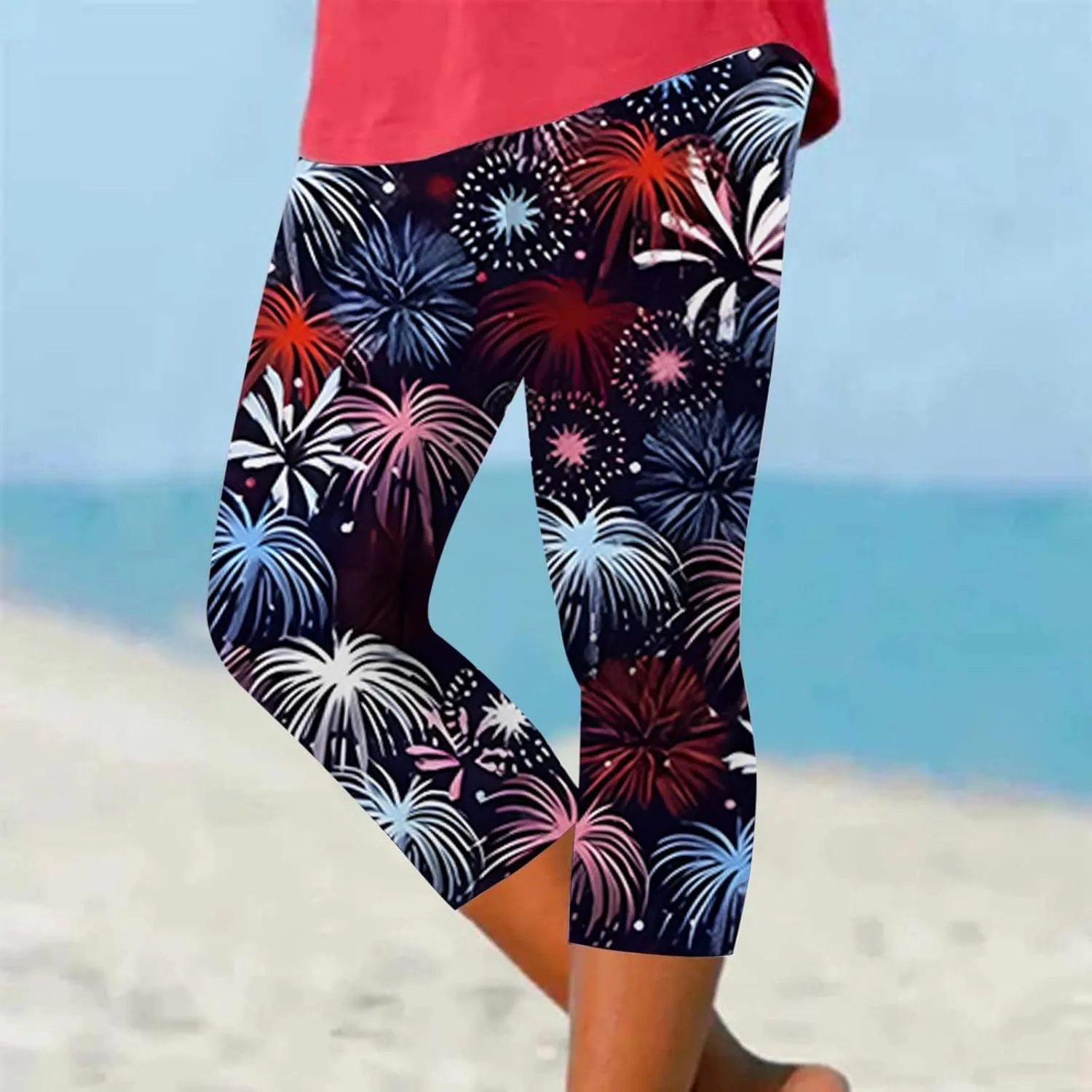 4th of July Capri Leggings for Women Plus Size Summer High Waist American Flag Yoga Pants Patriotic Cropped Trousers