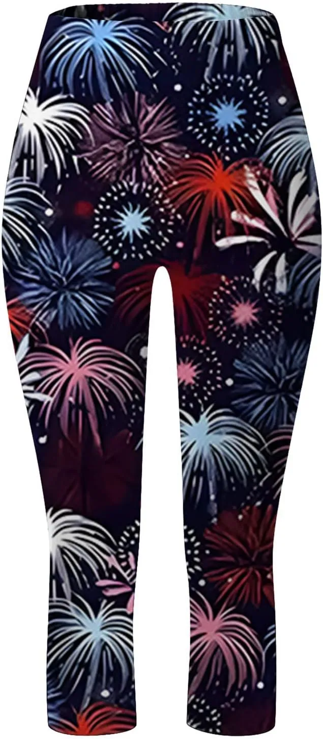 4th of July Capri Leggings for Women Plus Size Summer High Waist American Flag Yoga Pants Patriotic Cropped Trousers