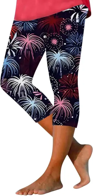 4th of July Capri Leggings for Women Plus Size Summer High Waist American Flag Yoga Pants Patriotic Cropped Trousers