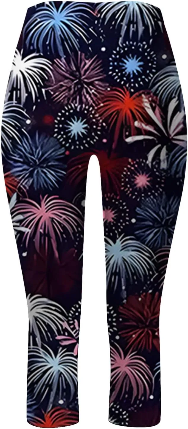 4th of July Capri Leggings for Women Plus Size Summer High Waist American Flag Yoga Pants Patriotic Cropped Trousers