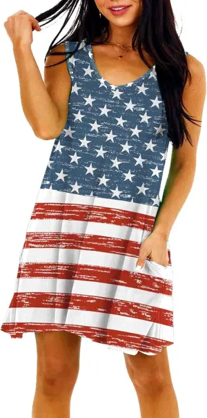 4th of July Dress Women's Summer Beach Patriotic Dresses Stars Stripe V Neck Sleeveless Mini Dress XL