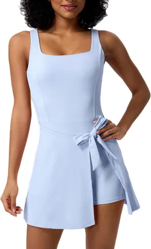 ABOCIW Womens Square Neck Tennis Dress Workout Rompers Wrap Skirt Built in Shorts Golf Athletic Dress