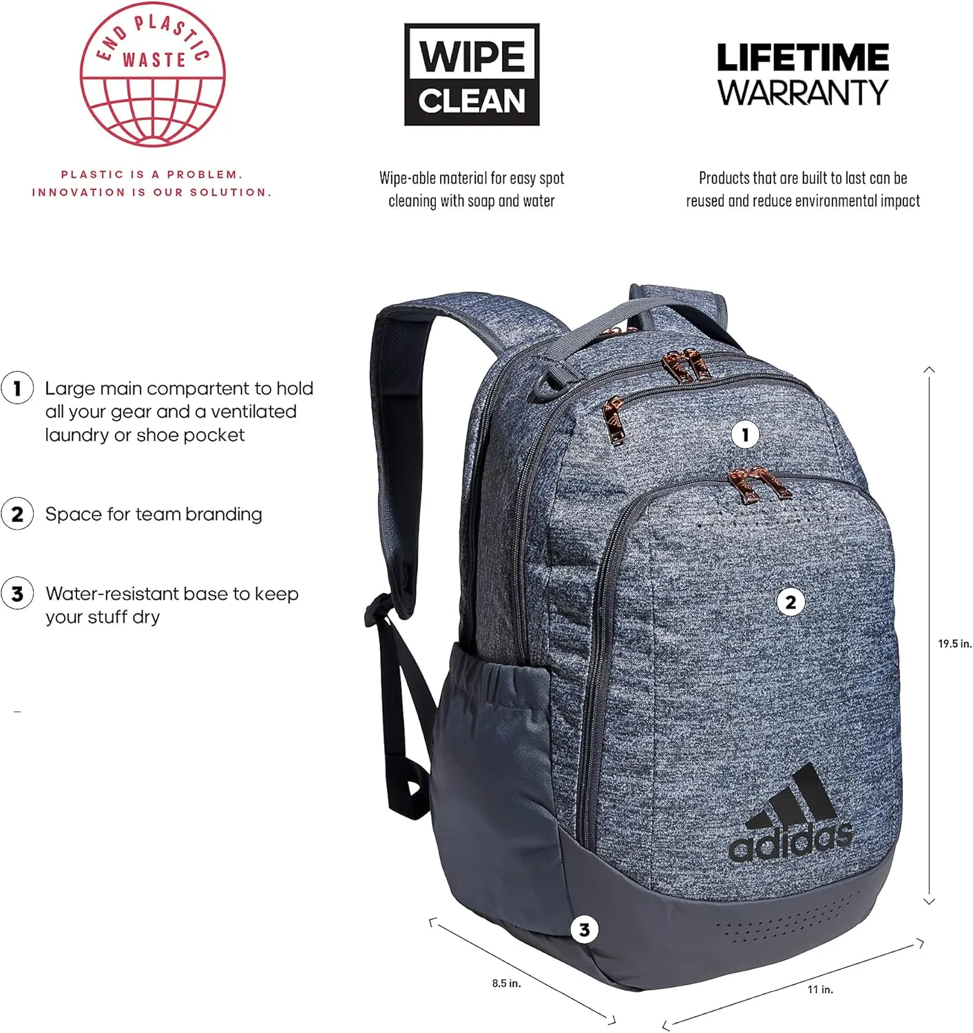 adidas Defender Sports Backpack with Shoe Compartment, Soccer Bag, Jersey Onix Grey/Onix Grey/Rose Gold, One Size