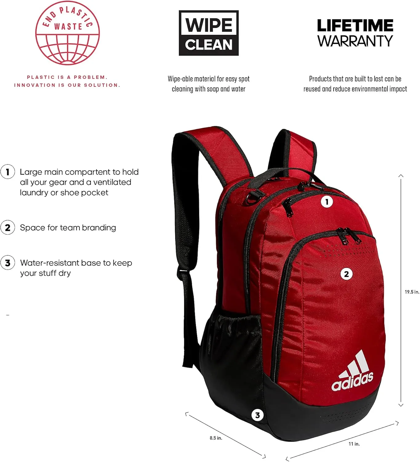 adidas Defender Sports Backpack with Shoe Compartment, Soccer Bag, Team Power Red, One Size