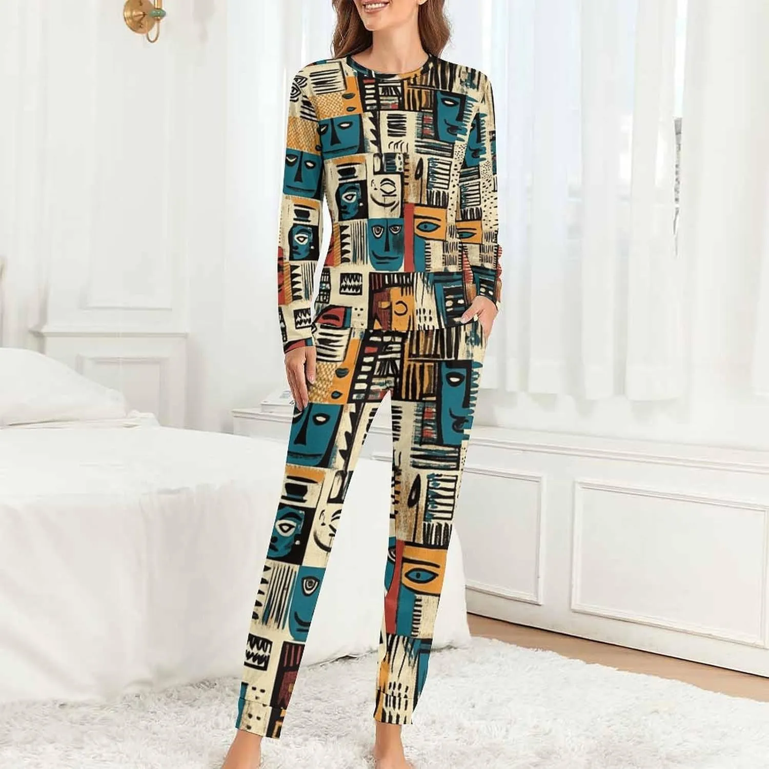 African Aesthetic Masks Women's Pajama Set Long Sleeve T-shirts Top & Pant Comfort Sleepwear Loungewear