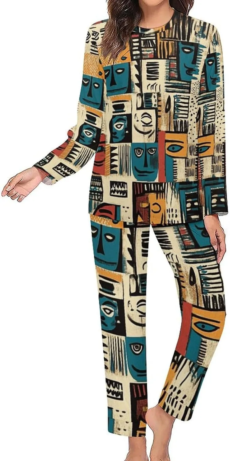African Aesthetic Masks Women's Pajama Set Long Sleeve T-shirts Top & Pant Comfort Sleepwear Loungewear