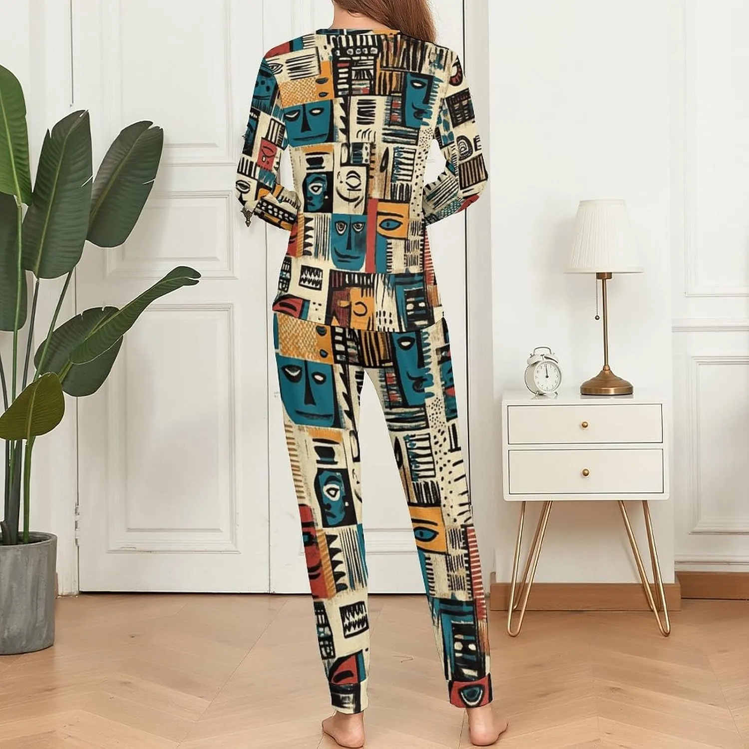 African Aesthetic Masks Women's Pajama Set Long Sleeve T-shirts Top & Pant Comfort Sleepwear Loungewear