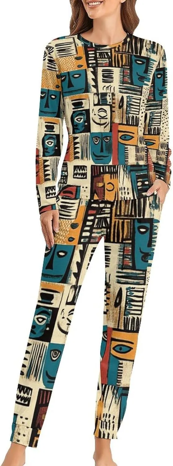African Aesthetic Masks Women's Pajama Set Long Sleeve T-shirts Top & Pant Comfort Sleepwear Loungewear
