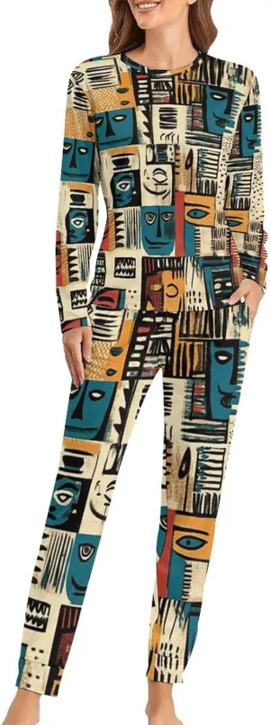 African Aesthetic Masks Women's Pajama Set Long Sleeve T-shirts Top & Pant Comfort Sleepwear Loungewear