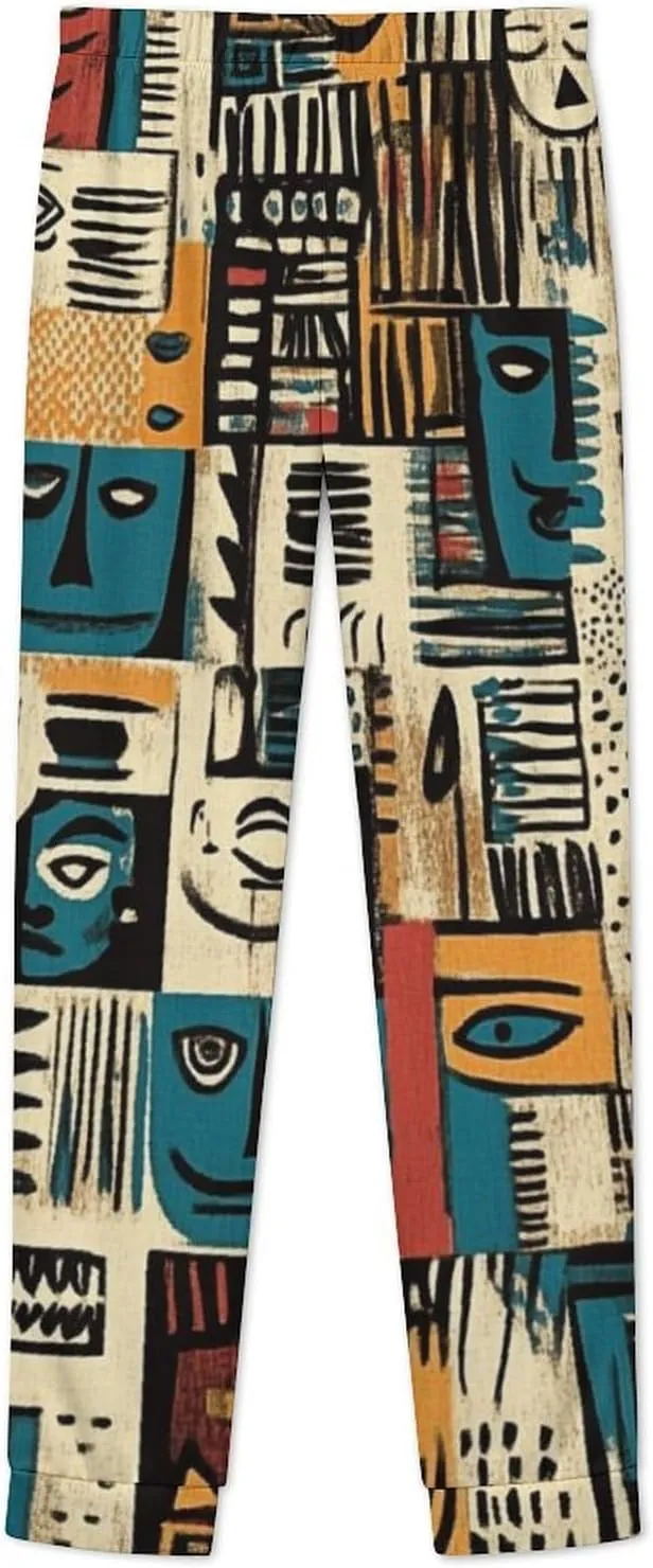 African Aesthetic Masks Women's Pajama Set Long Sleeve T-shirts Top & Pant Comfort Sleepwear Loungewear