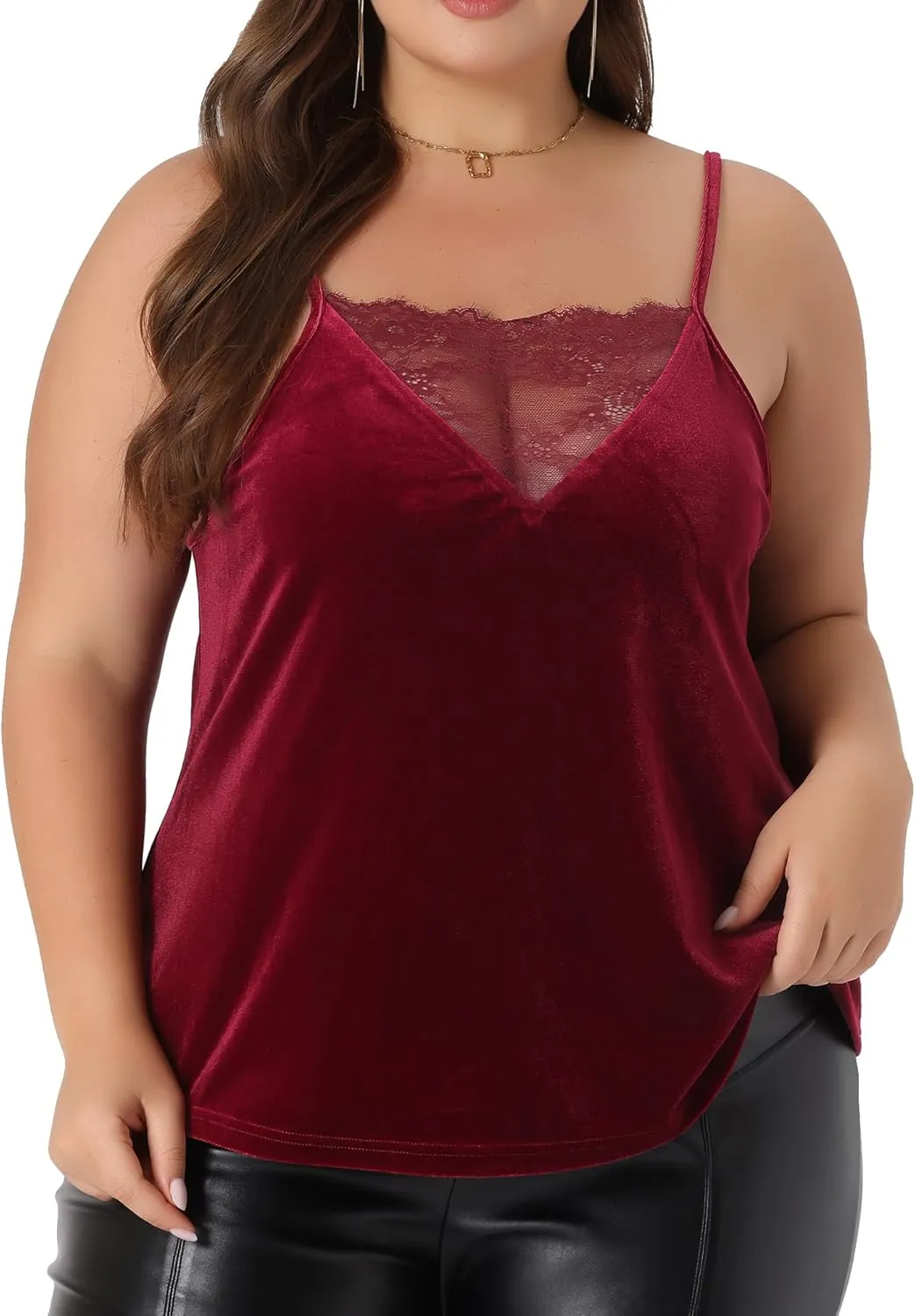 Agnes Orinda Plus Size Sexy Velvet Cami for Women Lace Deep V Neck Sleeveless Camisole Loose Fit Tank Tops