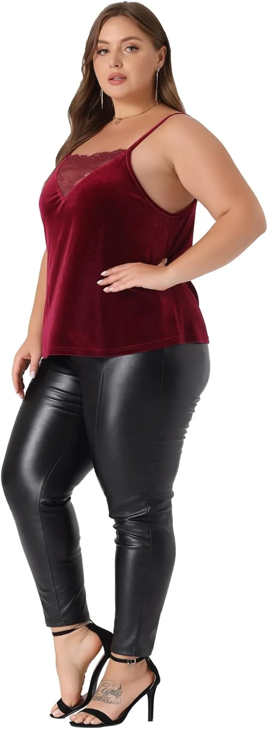 Agnes Orinda Plus Size Sexy Velvet Cami for Women Lace Deep V Neck Sleeveless Camisole Loose Fit Tank Tops