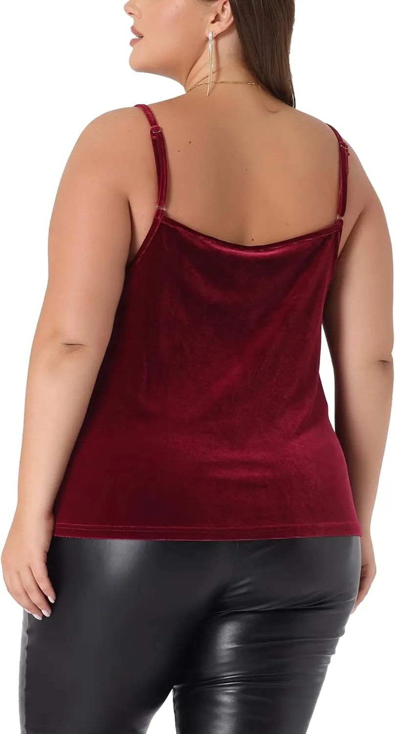 Agnes Orinda Plus Size Sexy Velvet Cami for Women Lace Deep V Neck Sleeveless Camisole Loose Fit Tank Tops