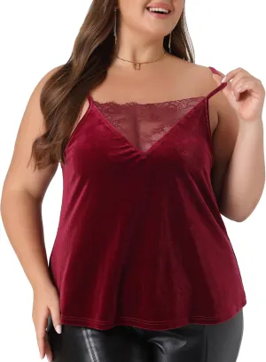 Agnes Orinda Plus Size Sexy Velvet Cami for Women Lace Deep V Neck Sleeveless Camisole Loose Fit Tank Tops