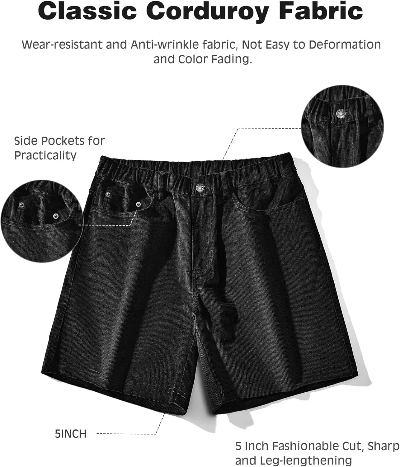 AIMPACT Mens Corduroy Shorts 5/6 Inseam Casual Elastic Waist Drawstring Summer Beach Shorts for Men with Pockets