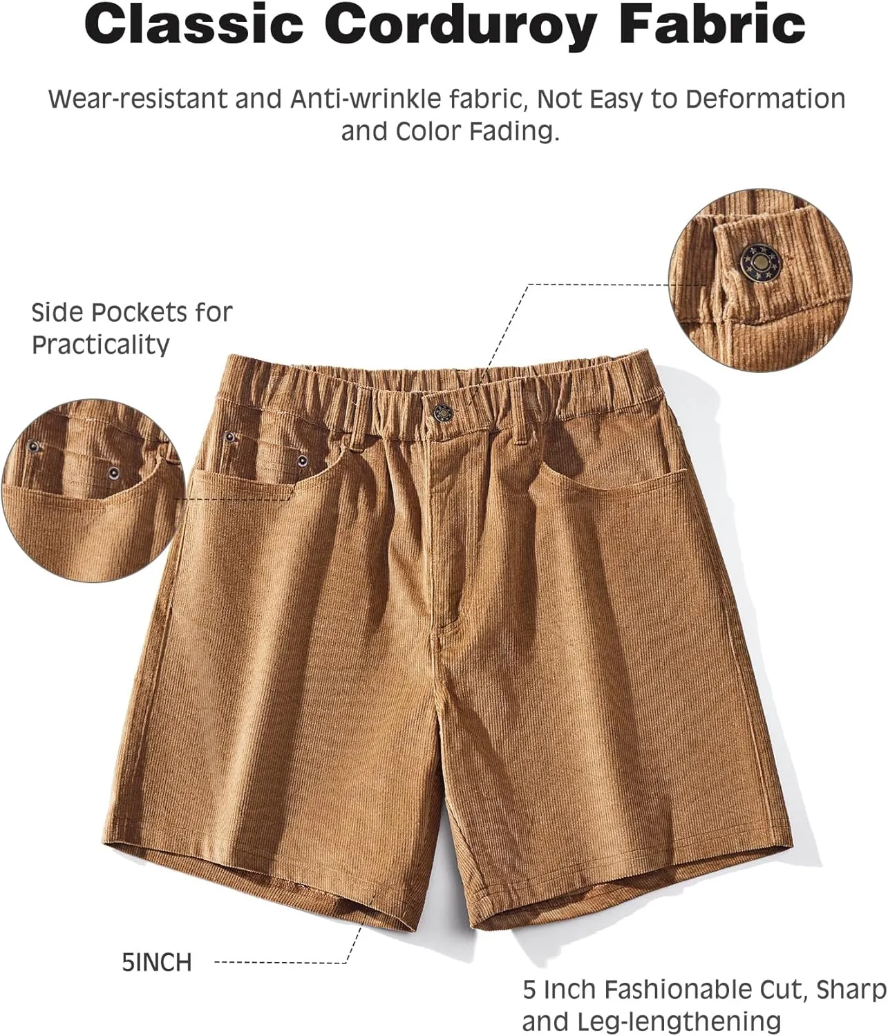 AIMPACT Mens Corduroy Shorts 5/6 Inseam Casual Elastic Waist Drawstring Summer Beach Shorts for Men with Pockets