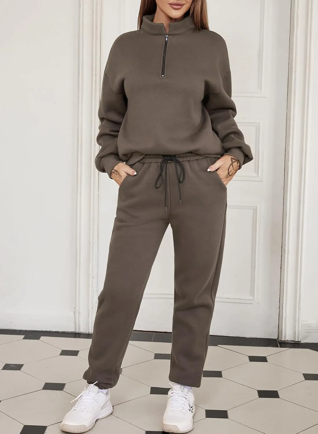 Aleumdr Women 2 Piece Outfits Sweatsuit Oversized Half Zip Pullover Long Sleeve Sweatshirt Jogger Pants Set with Pockets
