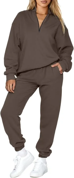 Aleumdr Women 2 Piece Outfits Sweatsuit Oversized Half Zip Pullover Long Sleeve Sweatshirt Jogger Pants Set with Pockets