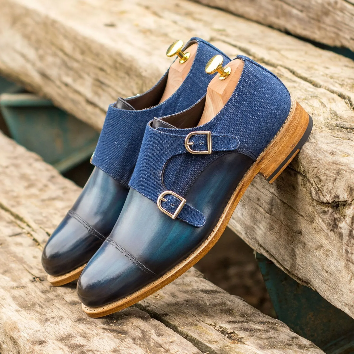 Ambrogio Bespoke Men's Handmade Custom Shoes Denim & Jeans Fabric / Patina Leather Monk-Straps Loafers (AMB1817)