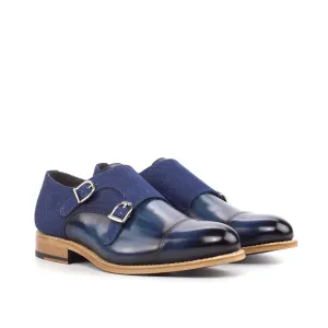 Ambrogio Bespoke Men's Handmade Custom Shoes Denim & Jeans Fabric / Patina Leather Monk-Straps Loafers (AMB1817)