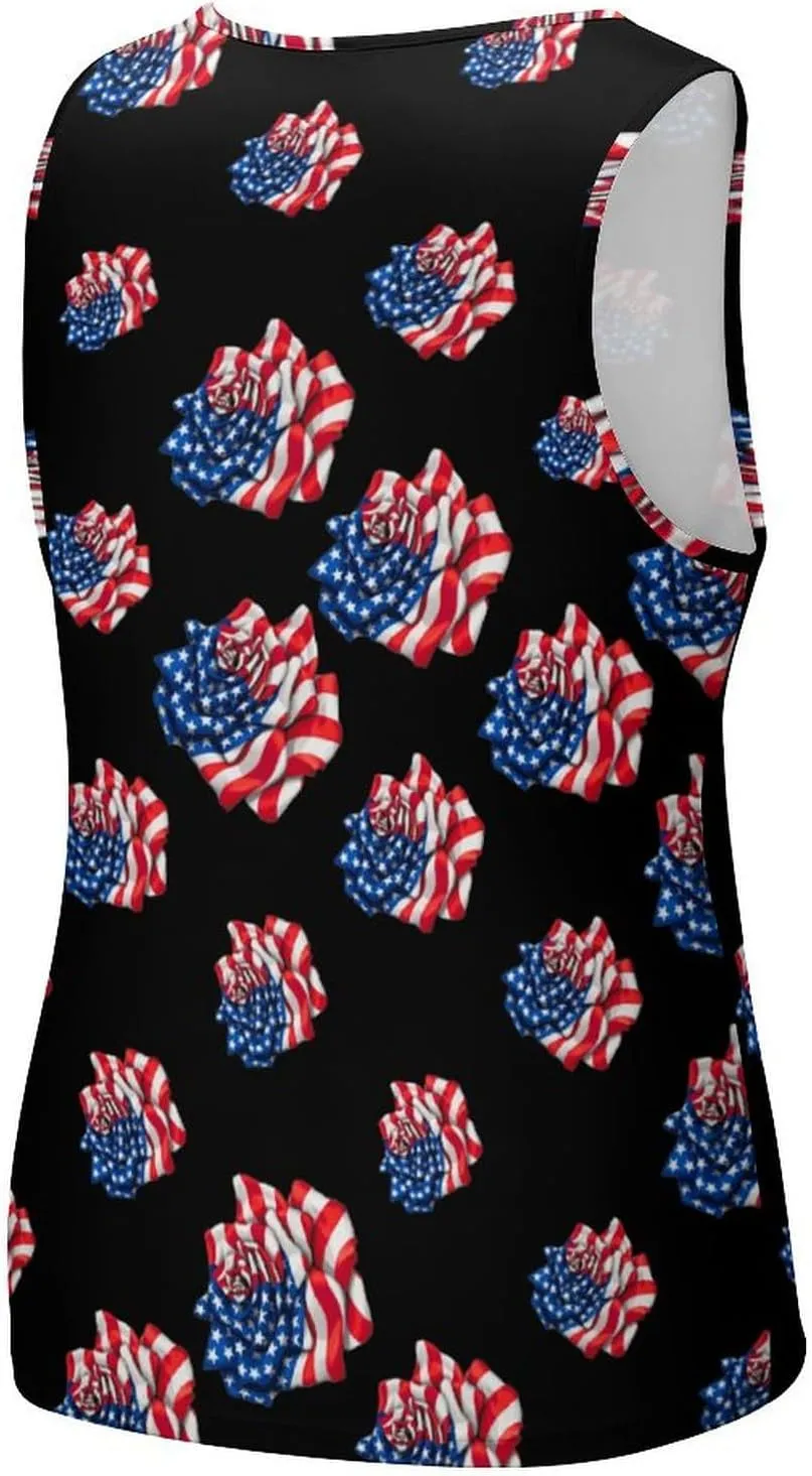 American Flag Rose Men's Tank Tops Summer Sleeveless T-Shirts Gym Workout Tee Casual Beach Tee
