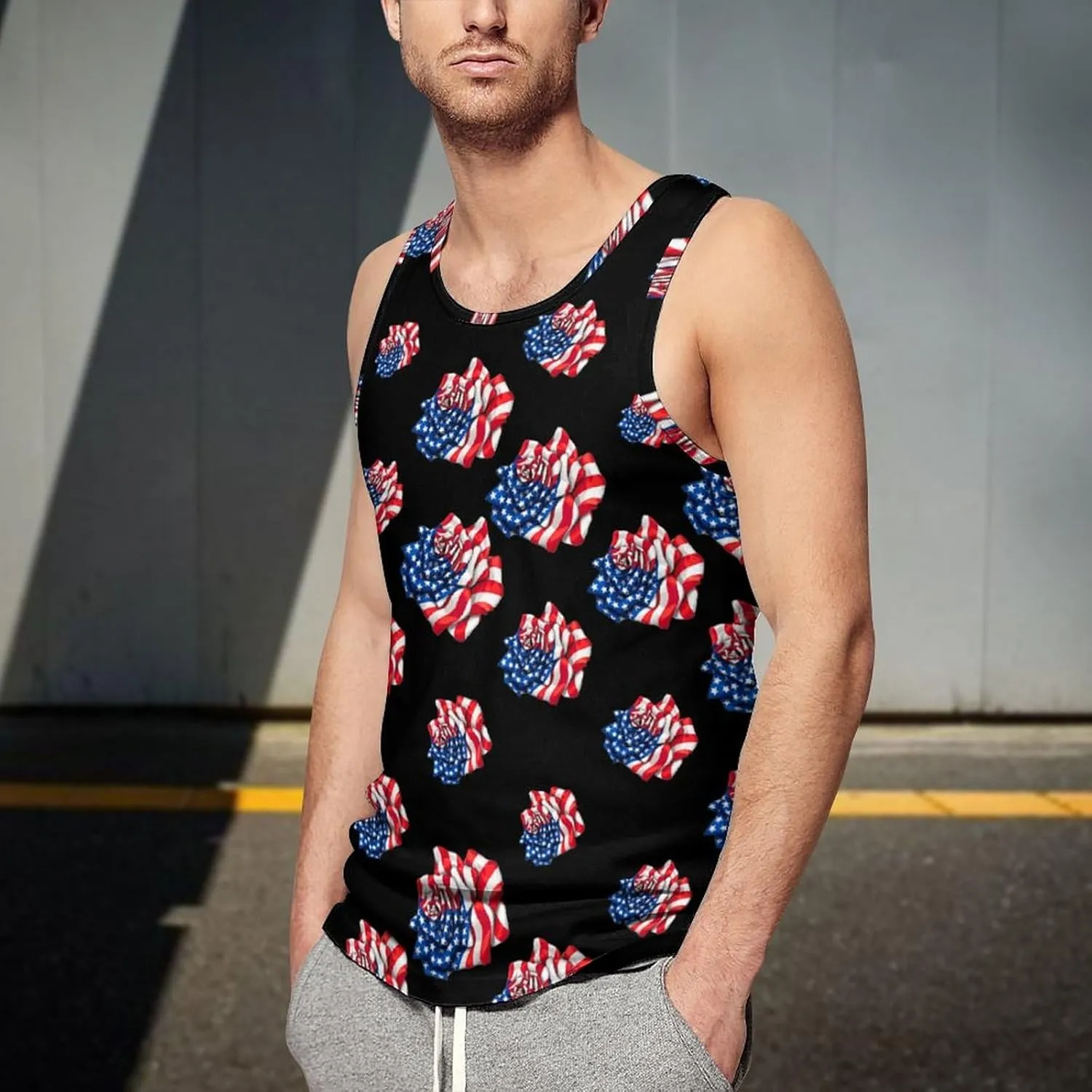American Flag Rose Men's Tank Tops Summer Sleeveless T-Shirts Gym Workout Tee Casual Beach Tee