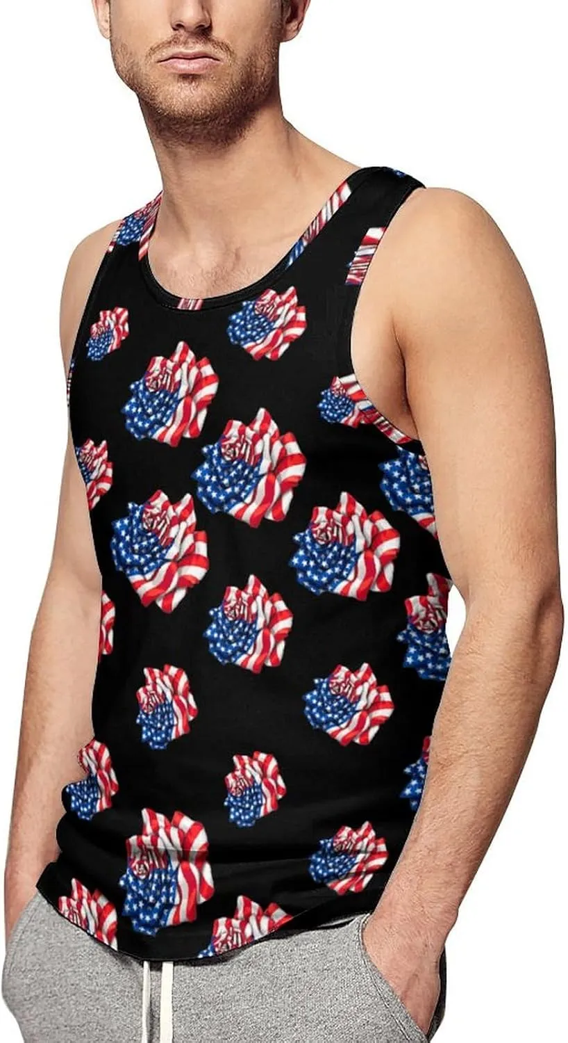 American Flag Rose Men's Tank Tops Summer Sleeveless T-Shirts Gym Workout Tee Casual Beach Tee