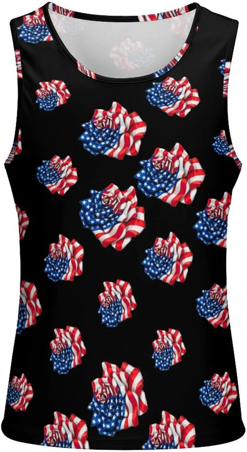 American Flag Rose Men's Tank Tops Summer Sleeveless T-Shirts Gym Workout Tee Casual Beach Tee