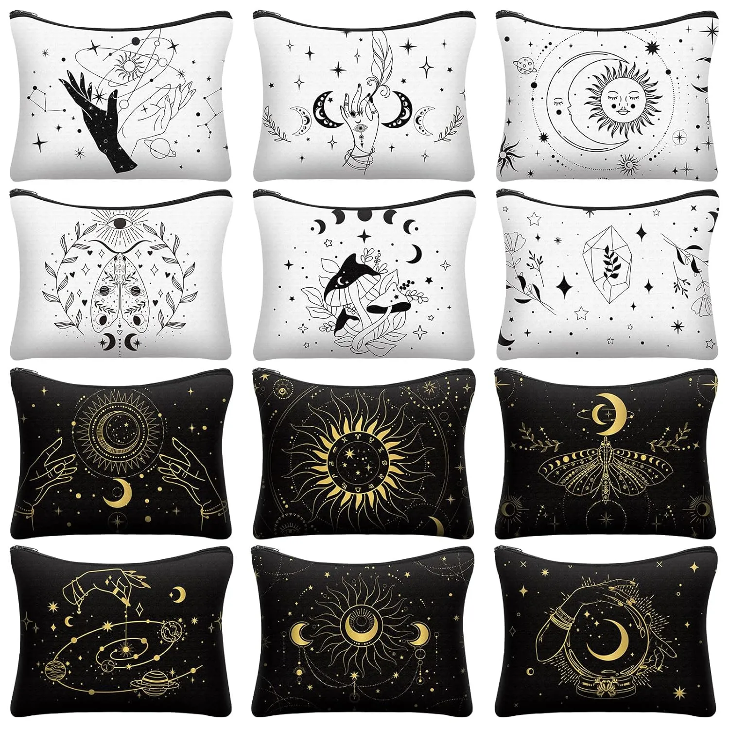 Amylove 12 Pieces Witch Tarot Zipper Pouch Bag Witch Tarot Cards Phase Bag Moon Crystals Cosmetic Witchy Purse Toiletry Aesthetic Gothic Makeup Pouch for Women