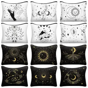 Amylove 12 Pieces Witch Tarot Zipper Pouch Bag Witch Tarot Cards Phase Bag Moon Crystals Cosmetic Witchy Purse Toiletry Aesthetic Gothic Makeup Pouch for Women