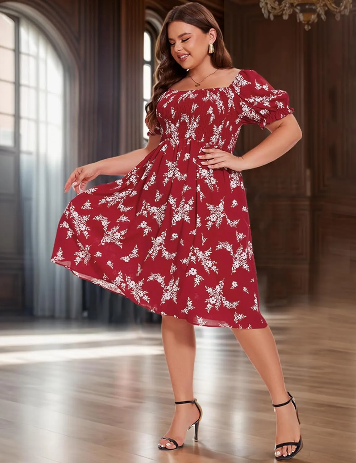 ANOTHER CHOICE Plus Size Dress for Women Puff Sleeve Boho Floral Square Neck Midi Dresses with Pockets