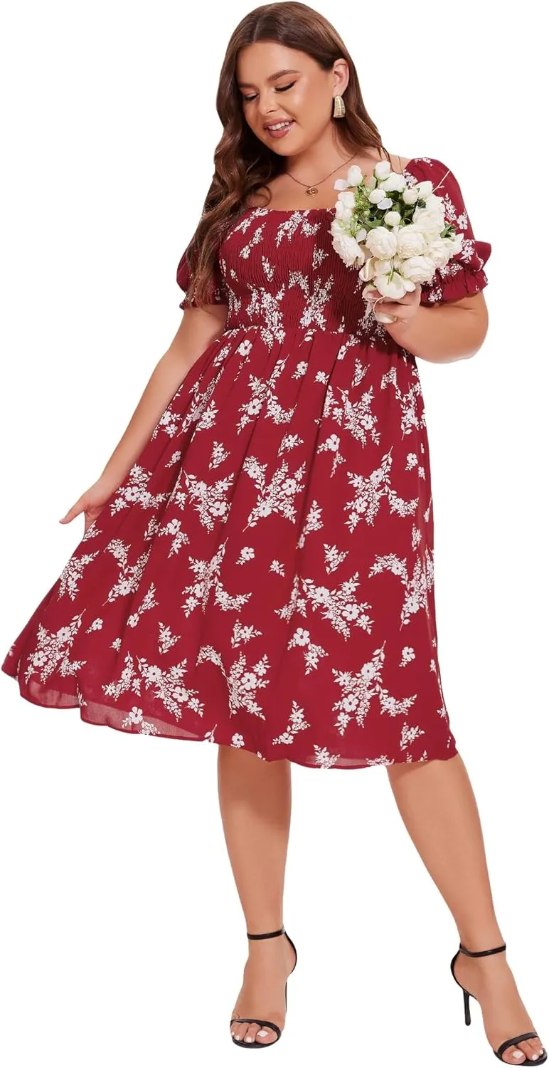 ANOTHER CHOICE Plus Size Dress for Women Puff Sleeve Boho Floral Square Neck Midi Dresses with Pockets