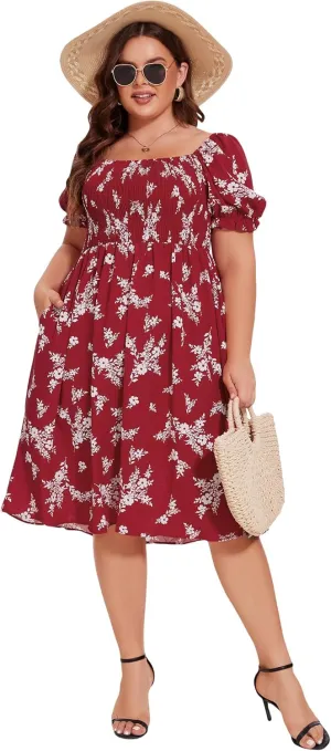 ANOTHER CHOICE Plus Size Dress for Women Puff Sleeve Boho Floral Square Neck Midi Dresses with Pockets