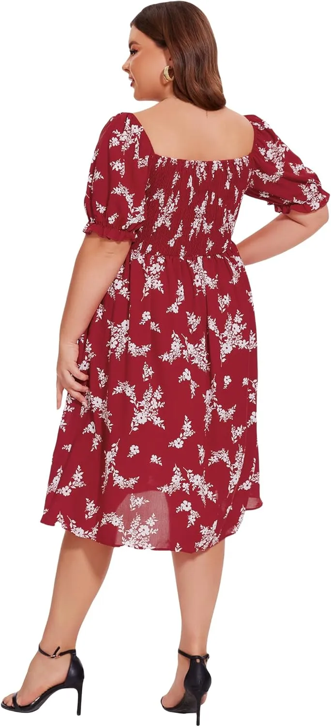 ANOTHER CHOICE Plus Size Dress for Women Puff Sleeve Boho Floral Square Neck Midi Dresses with Pockets