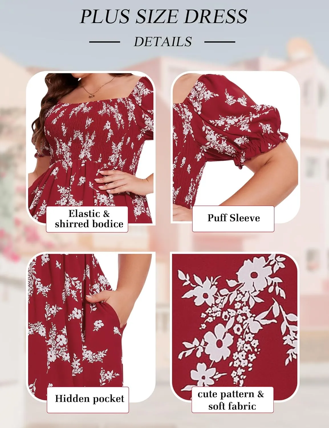 ANOTHER CHOICE Plus Size Dress for Women Puff Sleeve Boho Floral Square Neck Midi Dresses with Pockets