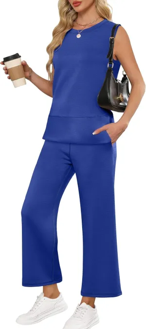 ANRABESS Women's 2 Piece Sets Summer Travel Airplane Outfits Sleeveless Wide Leg Casual Lounge Matching Sweat Set Sweatsuits