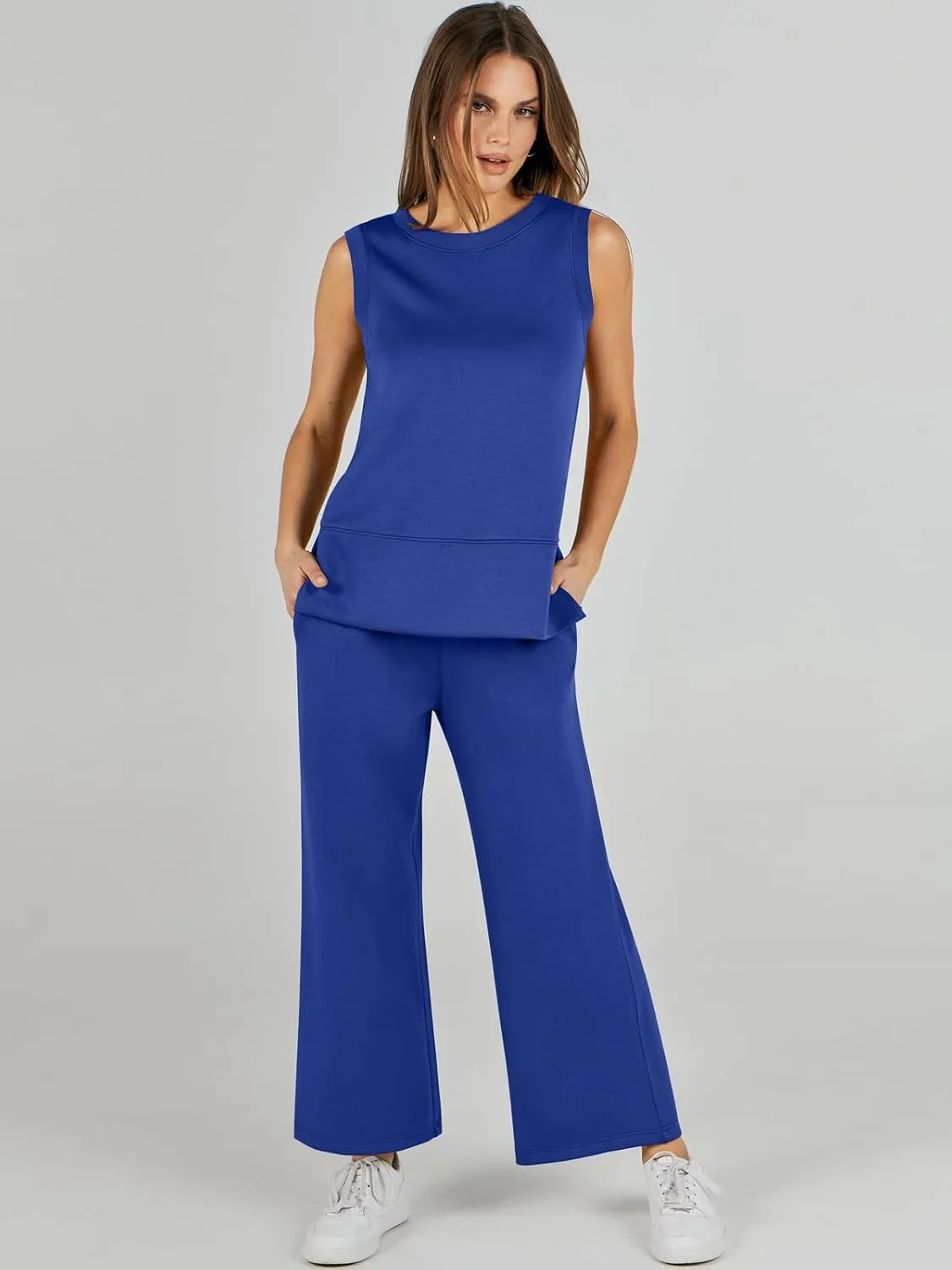 ANRABESS Women's 2 Piece Sets Summer Travel Airplane Outfits Sleeveless Wide Leg Casual Lounge Matching Sweat Set Sweatsuits