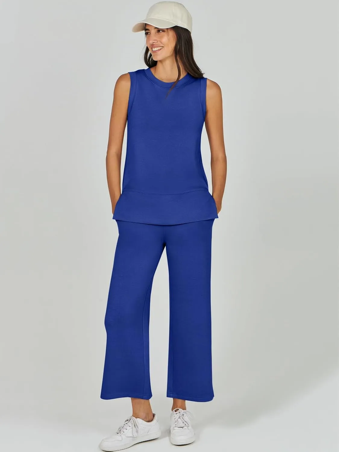 ANRABESS Women's 2 Piece Sets Summer Travel Airplane Outfits Sleeveless Wide Leg Casual Lounge Matching Sweat Set Sweatsuits