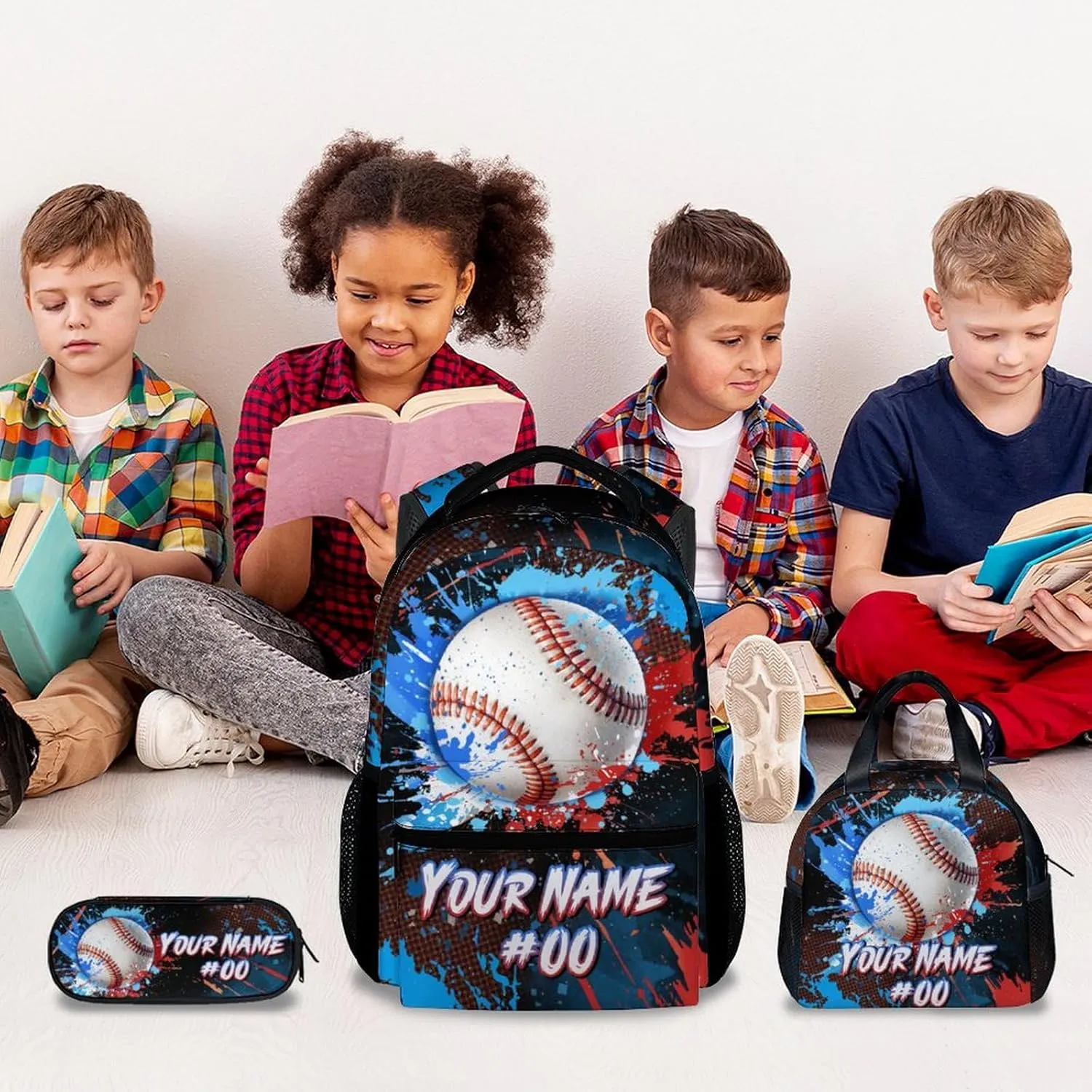 Backpack for Kids - Personalized Baseball Backpacks Set for School - Boys Bookbag with Lunch Box - Youth Back Pack for Elementary Middle School