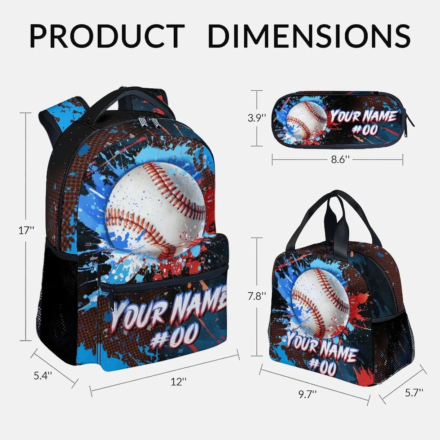 Backpack for Kids - Personalized Baseball Backpacks Set for School - Boys Bookbag with Lunch Box - Youth Back Pack for Elementary Middle School
