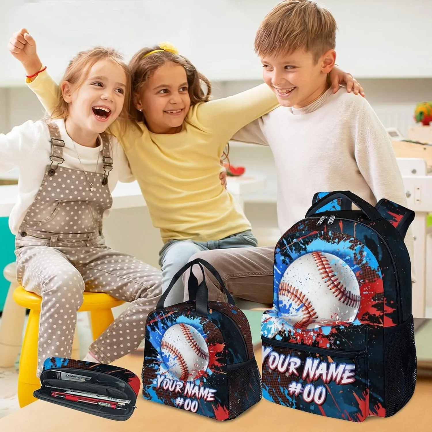 Backpack for Kids - Personalized Baseball Backpacks Set for School - Boys Bookbag with Lunch Box - Youth Back Pack for Elementary Middle School