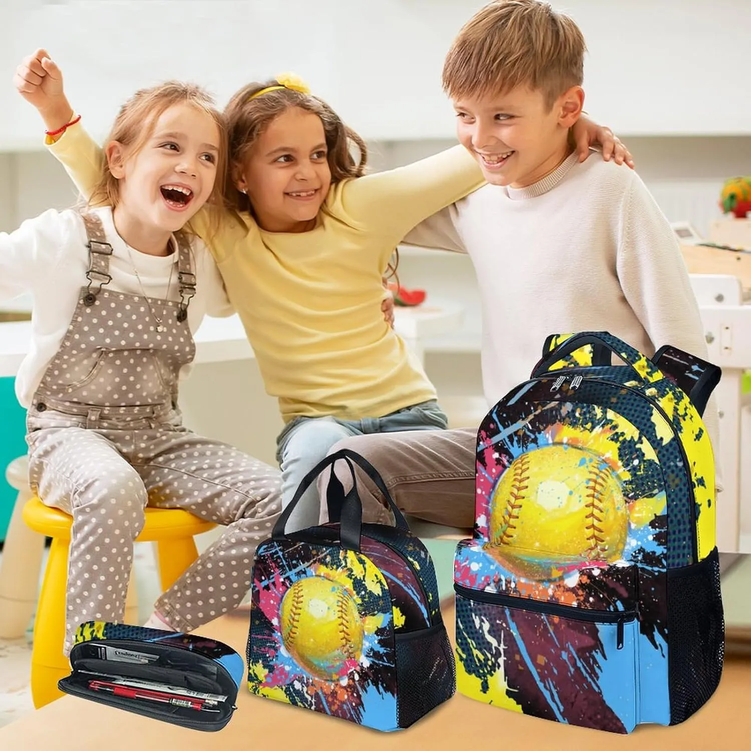 Backpack Set - Softball Backpacks for Girls Teens - Kids Bookbag for Elementary Middle School - School Bag with Lunch Box & Pencil Case