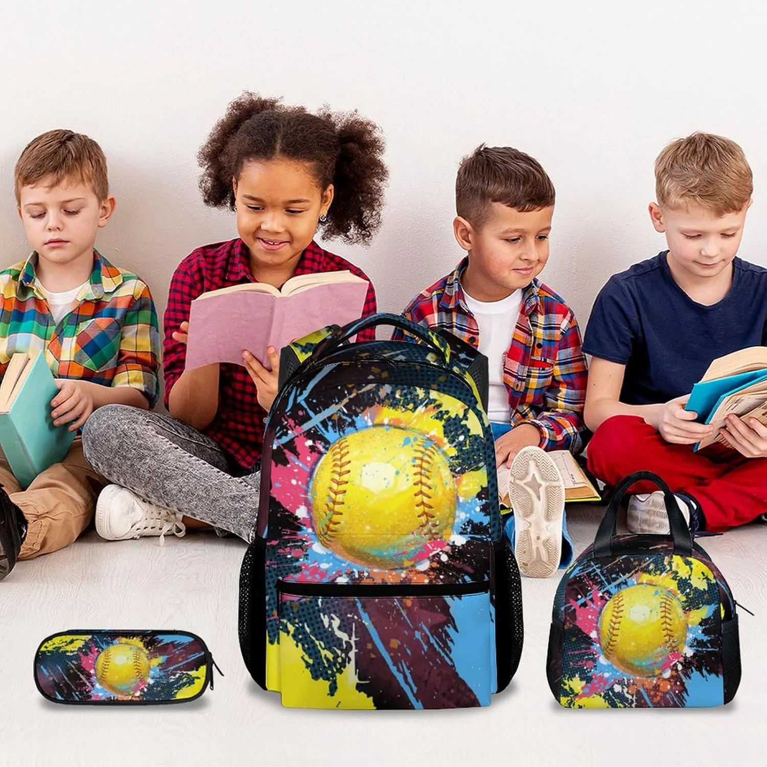 Backpack Set - Softball Backpacks for Girls Teens - Kids Bookbag for Elementary Middle School - School Bag with Lunch Box & Pencil Case