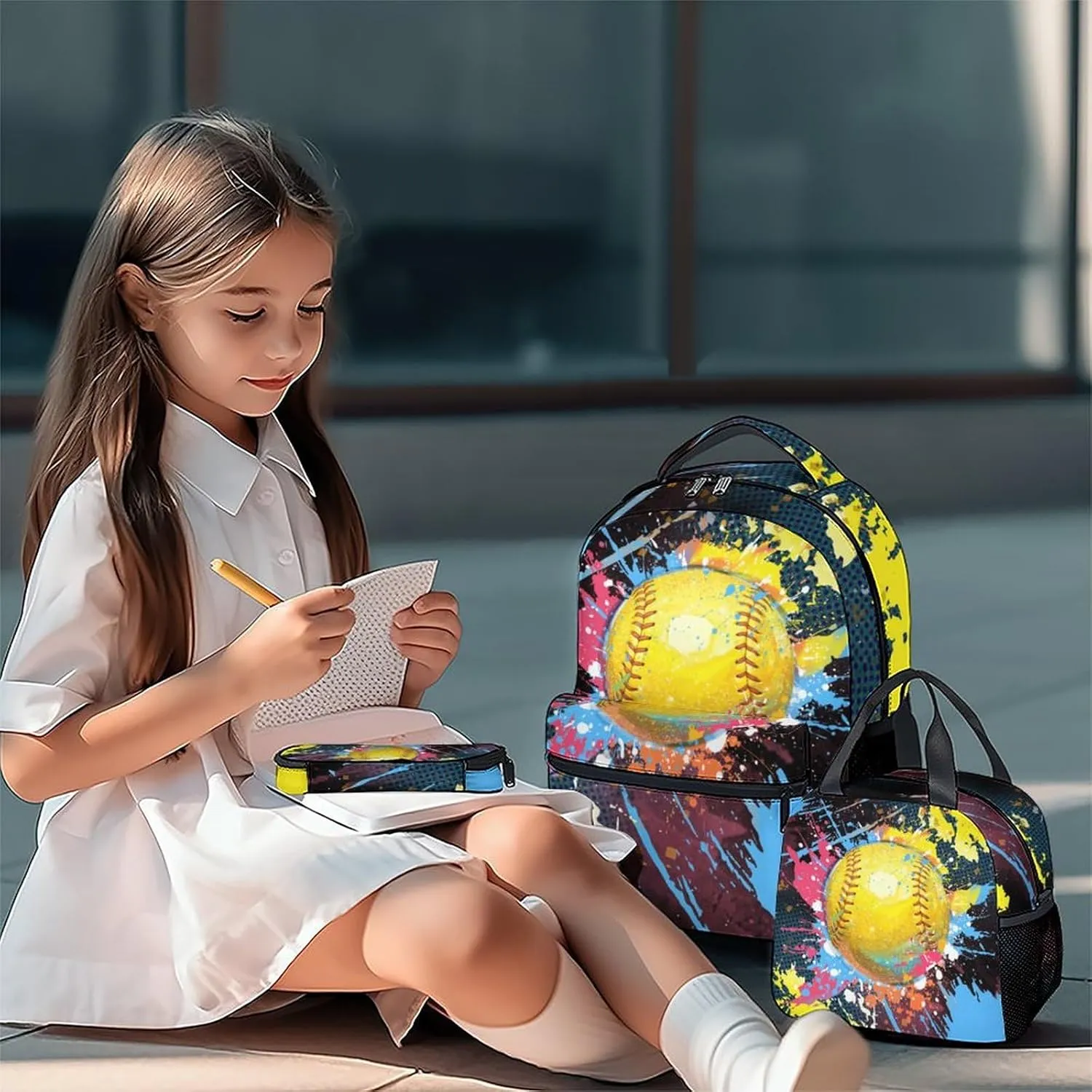 Backpack Set - Softball Backpacks for Girls Teens - Kids Bookbag for Elementary Middle School - School Bag with Lunch Box & Pencil Case