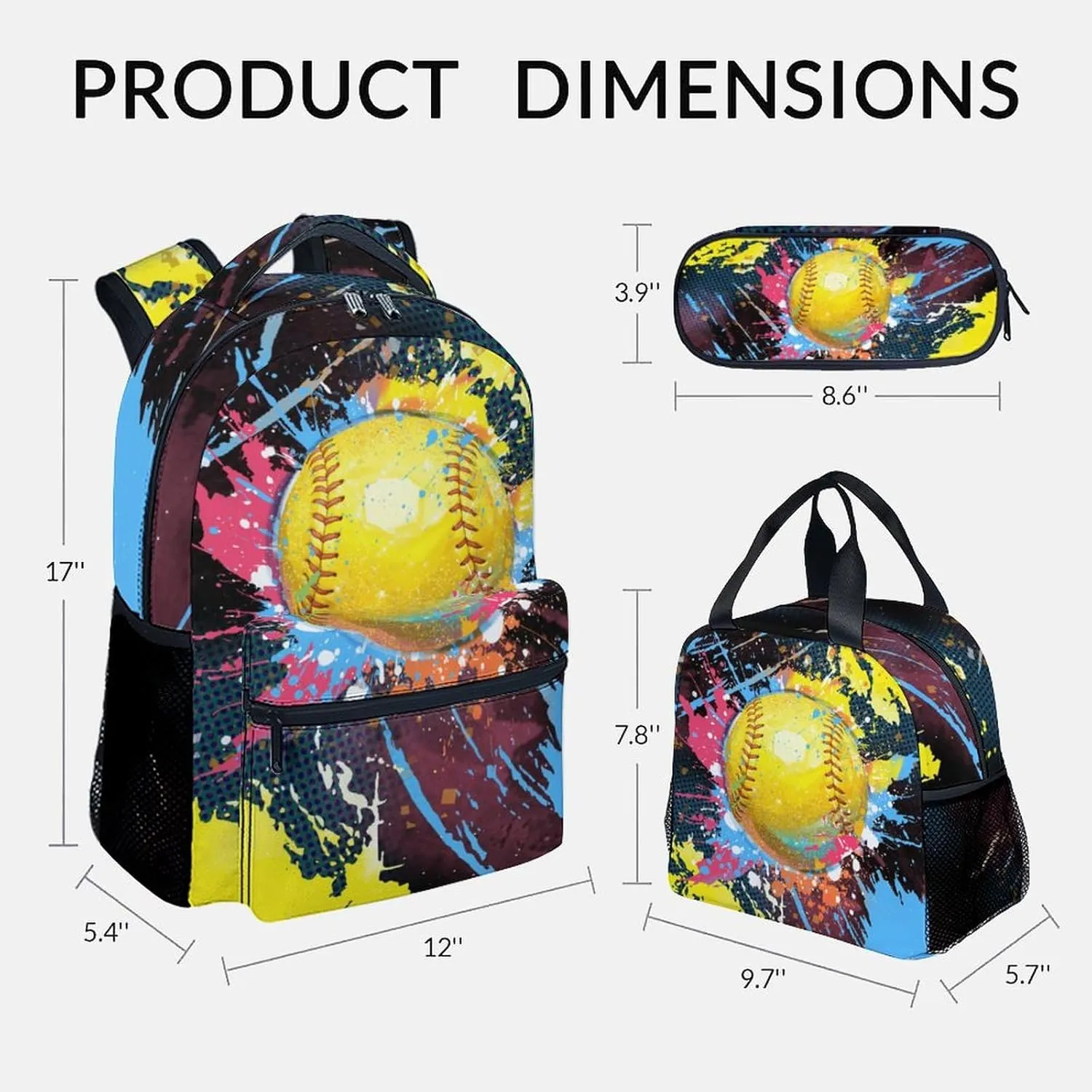 Backpack Set - Softball Backpacks for Girls Teens - Kids Bookbag for Elementary Middle School - School Bag with Lunch Box & Pencil Case