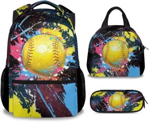 Backpack Set - Softball Backpacks for Girls Teens - Kids Bookbag for Elementary Middle School - School Bag with Lunch Box & Pencil Case