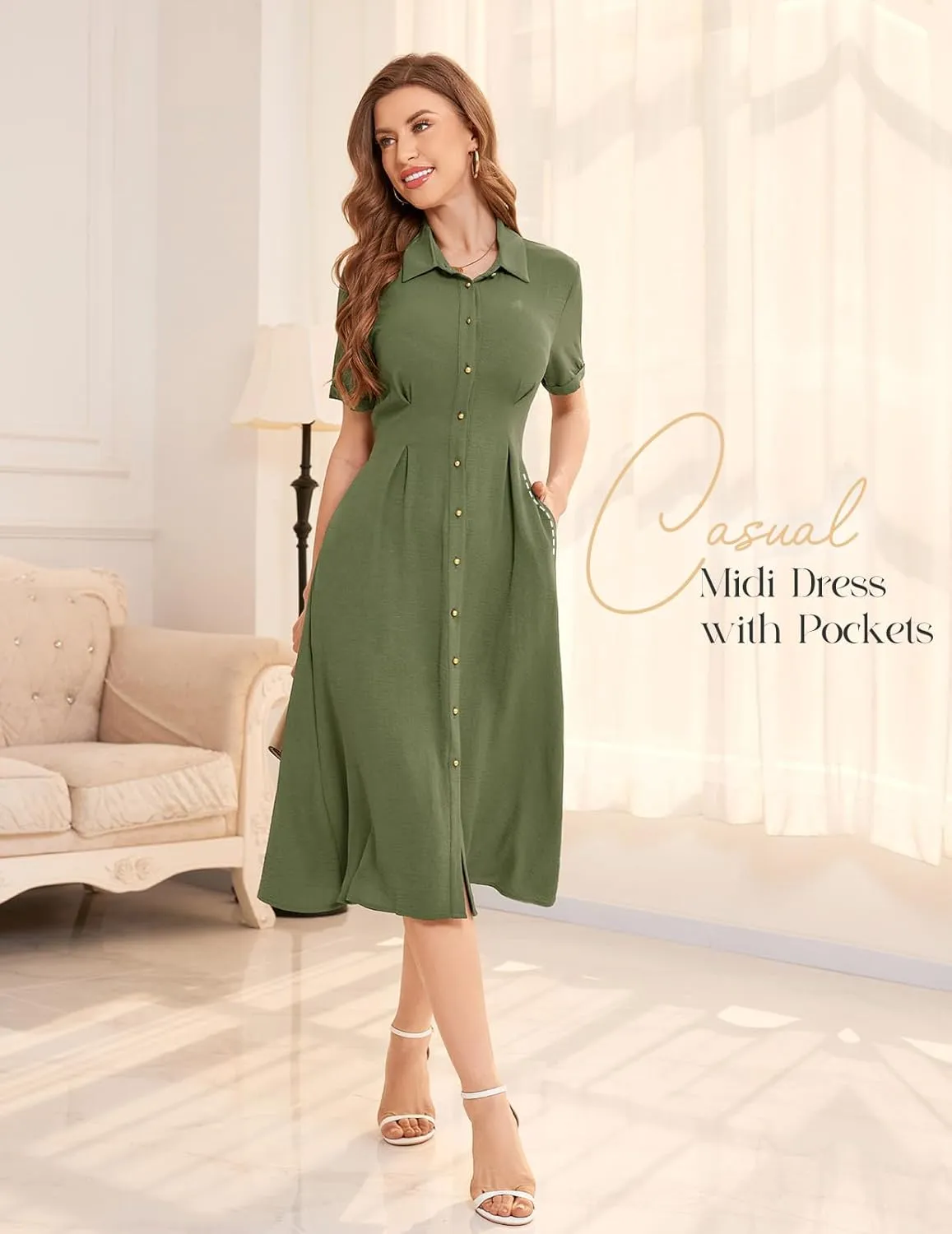 Bbonlinedress Women Summer Casual Work Button Down Shirt Dress Beach Wedding Guest Midi Short Sleeve Dresses with Pockets