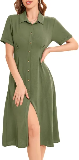 Bbonlinedress Women Summer Casual Work Button Down Shirt Dress Beach Wedding Guest Midi Short Sleeve Dresses with Pockets
