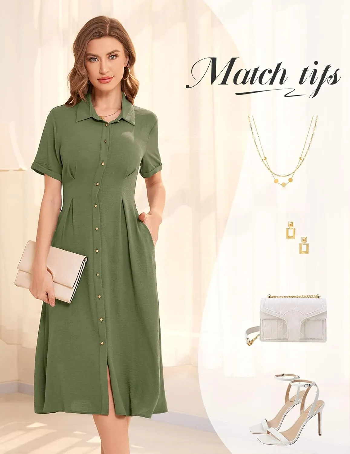 Bbonlinedress Women Summer Casual Work Button Down Shirt Dress Beach Wedding Guest Midi Short Sleeve Dresses with Pockets