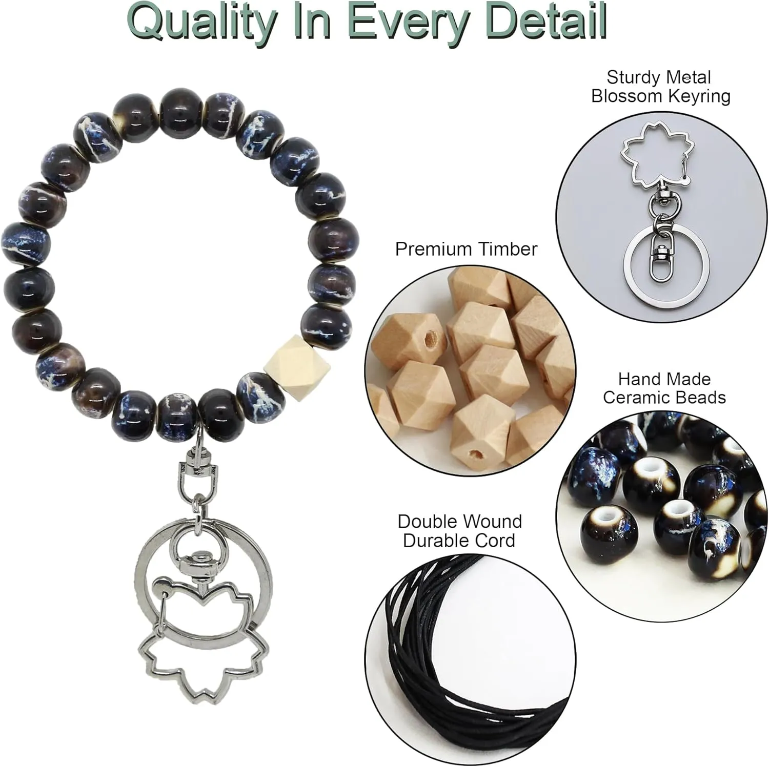 Beaded Bracelet Keychain Wristlet Key Ring Bangle for Women with Variable Ceramic Glaze for House and Car Keys